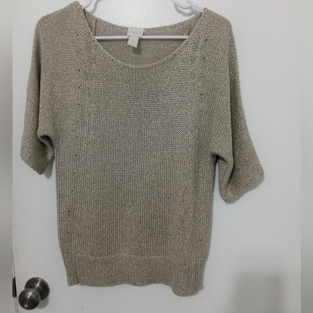 Chico's Beige Gold Shimmer metallic short sleeve Knit woven pullover Sweater